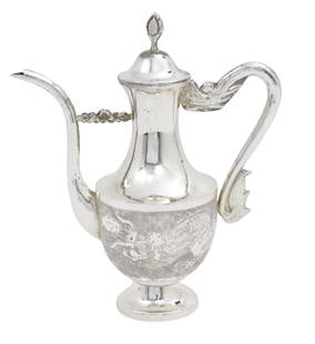 CHINESE SILVER DRAGON TEAPOT, LATE QING: Chinese silver teapot with dragon form handle and large dragon decoration in relief across body, touch mark on reverse, 5.2 troy ounce weighable; 7"H
