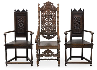 3 FRENCH CARVED OAK ARM CHAIRS