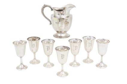 8PC STERLING PITCHER AND 8 GOBLETS, 55 T.O.W.