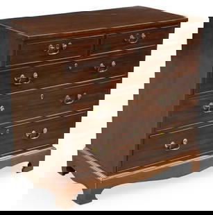 ENGLISH MAHOGANY BACHELORS CHEST, 19TH C.: English mahogany bachelors chest of drawers, late 19th century; 35"H 36"W 20"D; Condition: apron and feet possibly later