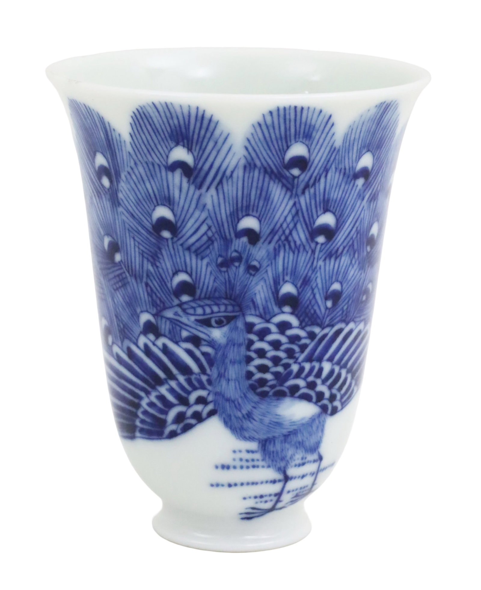 CHINESE BLUE AND WHITE PORCELAIN TEACUP, LATE QING: Chinese blue and white porcelain teacup, decorated with peacock, six character mark on reverse, late Qing dynasty; 3"H 2.5"Dia