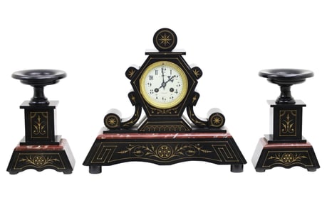 3PC DUTCH SLATE AND MARBLE MANTEL CLOCK SET