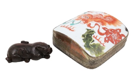 CHINESE SOAPSTONE AND PORCELAIN FRAGMENT BOX
