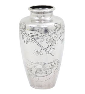 JAPANESE SILVER VASE, LATE MEIJI: Japanese silver vase, hand engraved with mandarin ducks under cherry blossoms, character marks on reverse, 4.7 troy ounce weighable; 6"H