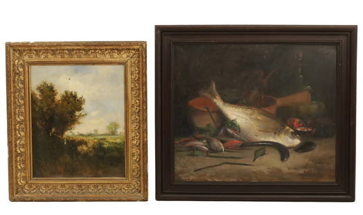 TWO ANTIQUE OIL ON CANVAS PAINTINGS: Two Antique Oil on Canvas Paintings consisting of a 20th C. Stillife scene with bounty from the ocean signed top left A. Pelabon 09, 27"H 31"W overall; along with 19th C. landscape painting signed low