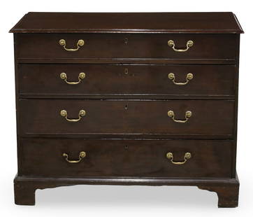 ENGLISH MAHOGANY CHEST OF DRAWERS, 19TH C.: English mahogany straight front chest having four graduating drawers, raised on ogee bracket feet, 19th century; 35"H 43"W 21"D