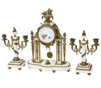 3PC FRENCH GILT BRONZE AND MARBLE CLOCK SET