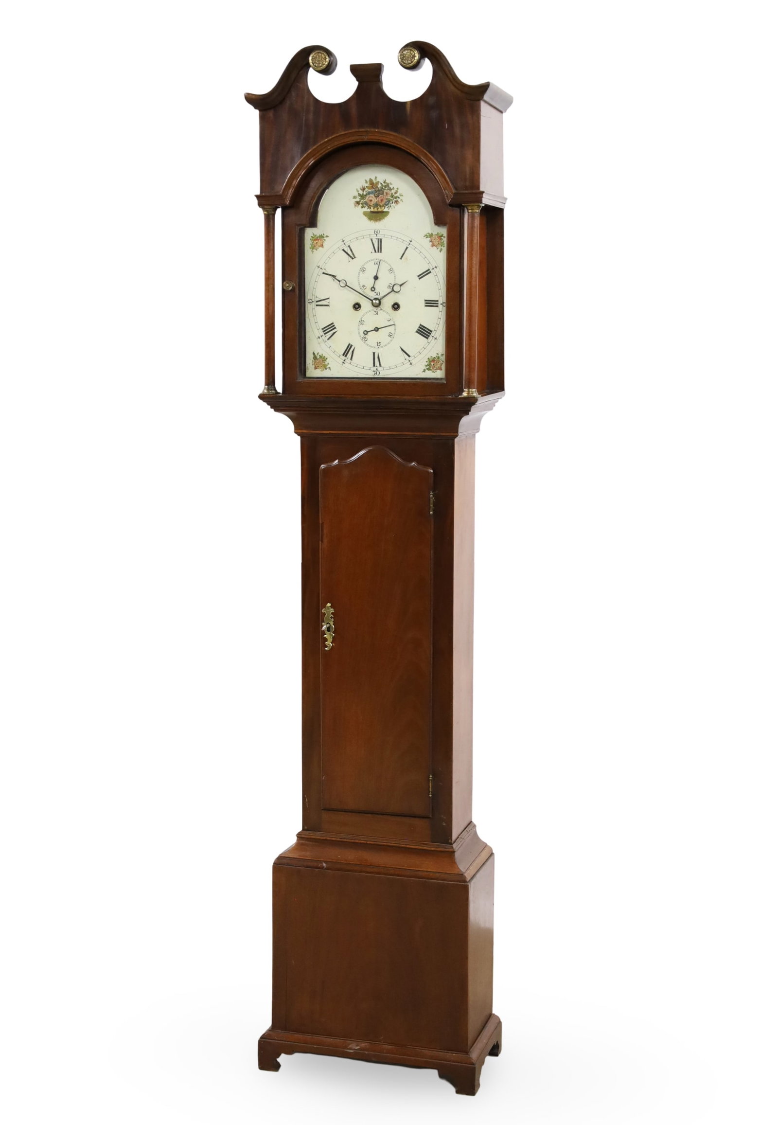 ENGLISH MAHOGANY GRANDFATHER CLOCK: English mahogany grandfather clock, the hand painted enamel dial having second and day dials, late 19th century; 84"H 17"W 9"D