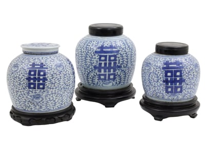 3 CHINESE BLUE AND WHITE PORCELAIN MELON JARS
