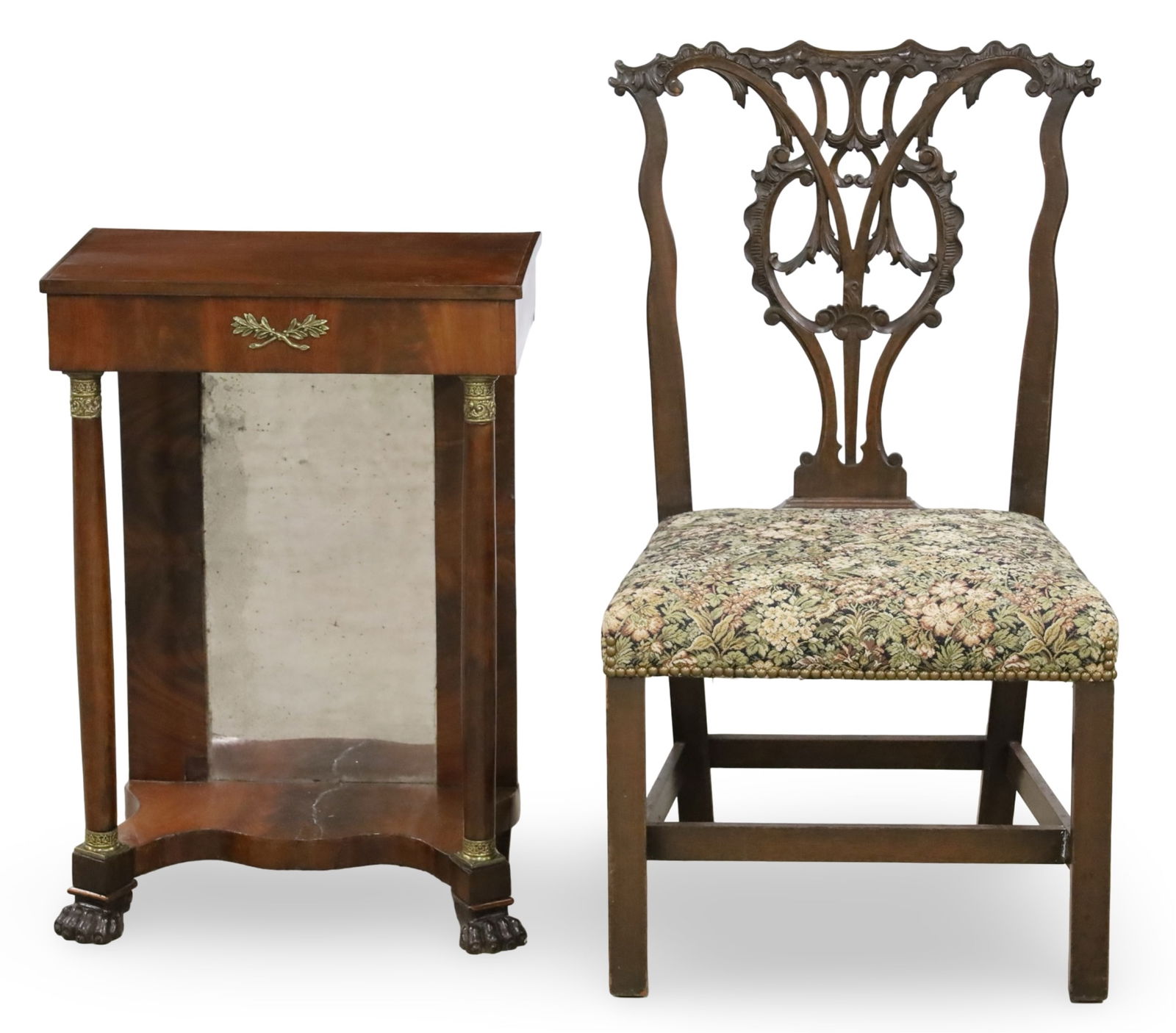 GEORGIAN CHAIR AND REGENCY CONSOLE, 19TH C.: Two piece lot consisting of a Georgian mahogany side chair, having well carved open work center splat, along with a Regency style wall console with bronze mounted column supports on paw feet, late 19t