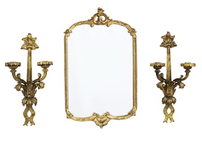 3 PC LOT, GILT MIRROR AND PR GILT BRONZE SCONCES
