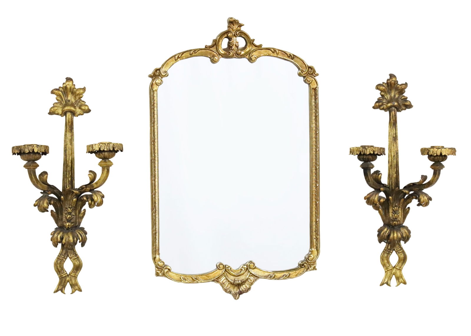 3 PC LOT, GILT MIRROR AND PR GILT BRONZE SCONCES (1 of 6)