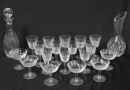 20PC WATERFORD CRYSTAL DRINK SERVICE: Twenty piece Waterford crystal drink service, consisting of 12 wine clarets and 6 champagne coupes, along with two decanters, all pieces marked; claret 6"H coupe 4"H decanter largest 14"H