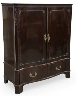 ENGLISH MAHOGANY LINEN PRESS: English mahogany linen press, the double door cabinet having five fitted sliding drawers, above two lower drawers, Druce and Company, London, label on reverse, early 20th century; 60"H 52"W 23"W; Cond