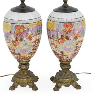 PR SATSUMA PORCELAIN BRONZE MOUNTED LAMPS: Pair of Satsuma porcelain bronze mounted lamps, 20th century; 31"H overall