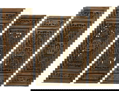 4PC CHINESE CARVED TEAKWOOD WALL PANELS: Four piece lot including two near pairs of Chinese carved teakwood wall panels, having openwork interior panels with figural reserves, early 20th century; approximately 36.5"H 11"W and 32.5"W 11"W
