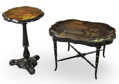 TWO ENGLISH BLACK LACQUER OCCASIONAL TABLES