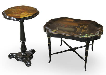 TWO ENGLISH BLACK LACQUER OCCASIONAL TABLES: Two piece lot of English lacquered tables, including side table and lift top tray table, early 20th century; side table 27.5"H 22"W 19"H tray table 19"H 30"W 24"D