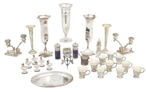 29PC LOT OF STERLING AND SILVER PLATE, 72 T.O.W.: Twenty nine piece miscellaneous lot of sterling and silver plate, including five sterling trumpet vases, two weighted, pair of Mexican sterling two light candelabra, shaker and sugar set with cobalt g