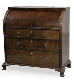 ENGLISH MAHOGANY BARREL FRONT BUREAU