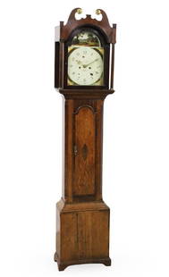 ENGLISH OAK GRANDFATHER CLOCK, 19TH C.: English oak grandfather clock, having hand painted dial with figures in a landscape, signed Barhiff, Malton, late 19th century; 84"H 17"W 9"D