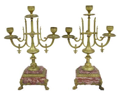 PR FRENCH LOUIS XVI STYLE 3 LIGHT CANDELABRA: Pair of Louis XVI style three light candelabra, having gilt bronze column and double arms on rouge marble stepped plinth on bronze paw feet, 19th century; 12.5"H 8.5"W 4"D