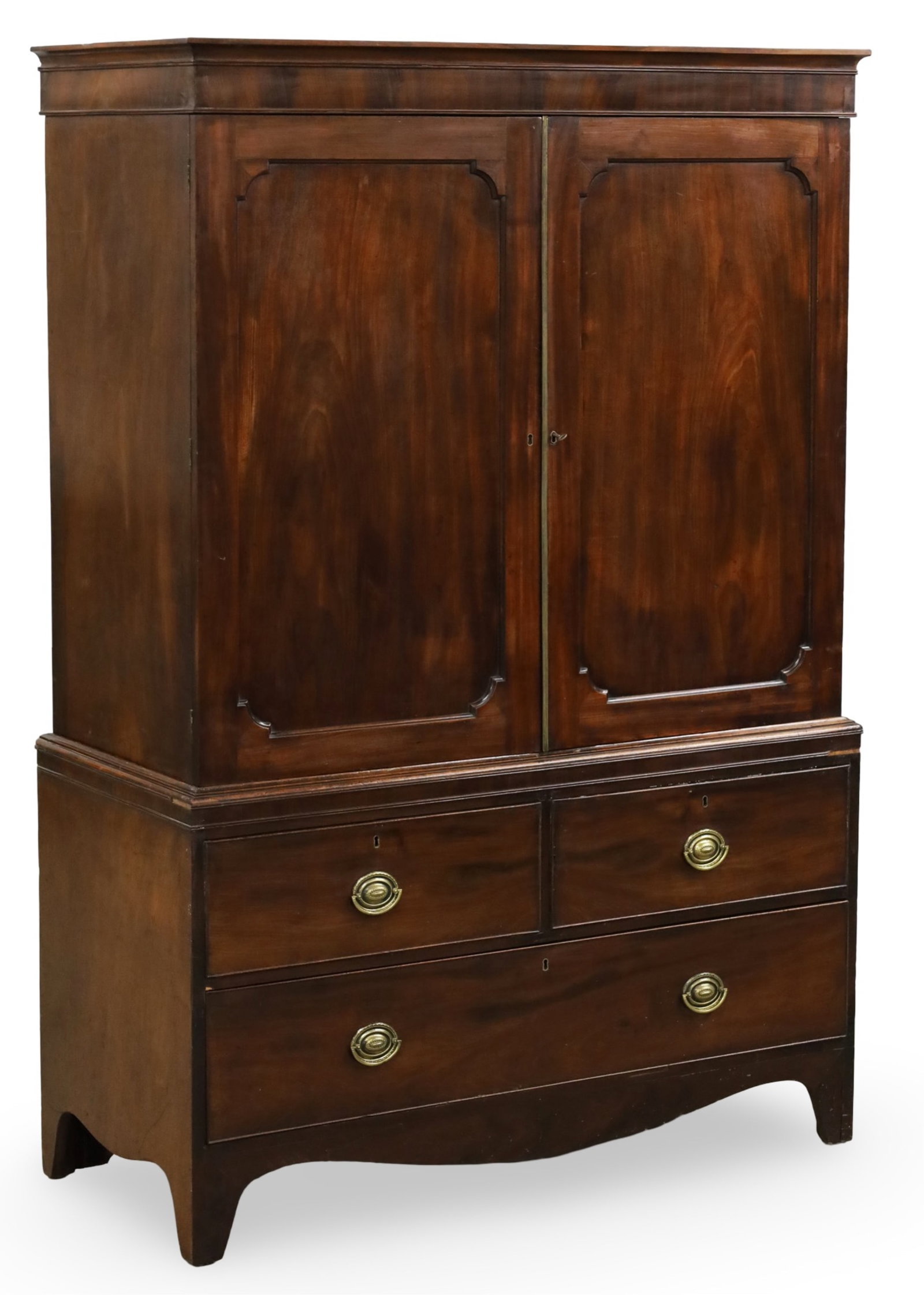 SHERATON STYLE MAHOGANY LINEN PRESS, 19TH C.: Sheraton style mahogany linen press, 19th century; 74"H 50"W 23"D