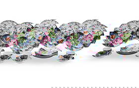 24 PC MOTTAHEDEH TOBACCO LEAF PORCELAIN: Twenty four piece Mottahedeh porcelain service, Tobacco Leaf pattern, consisting of 8 dinner plates, 8 salad plates, and 4 cup and saucers, marked on reverse; dinner plates 11" diameter