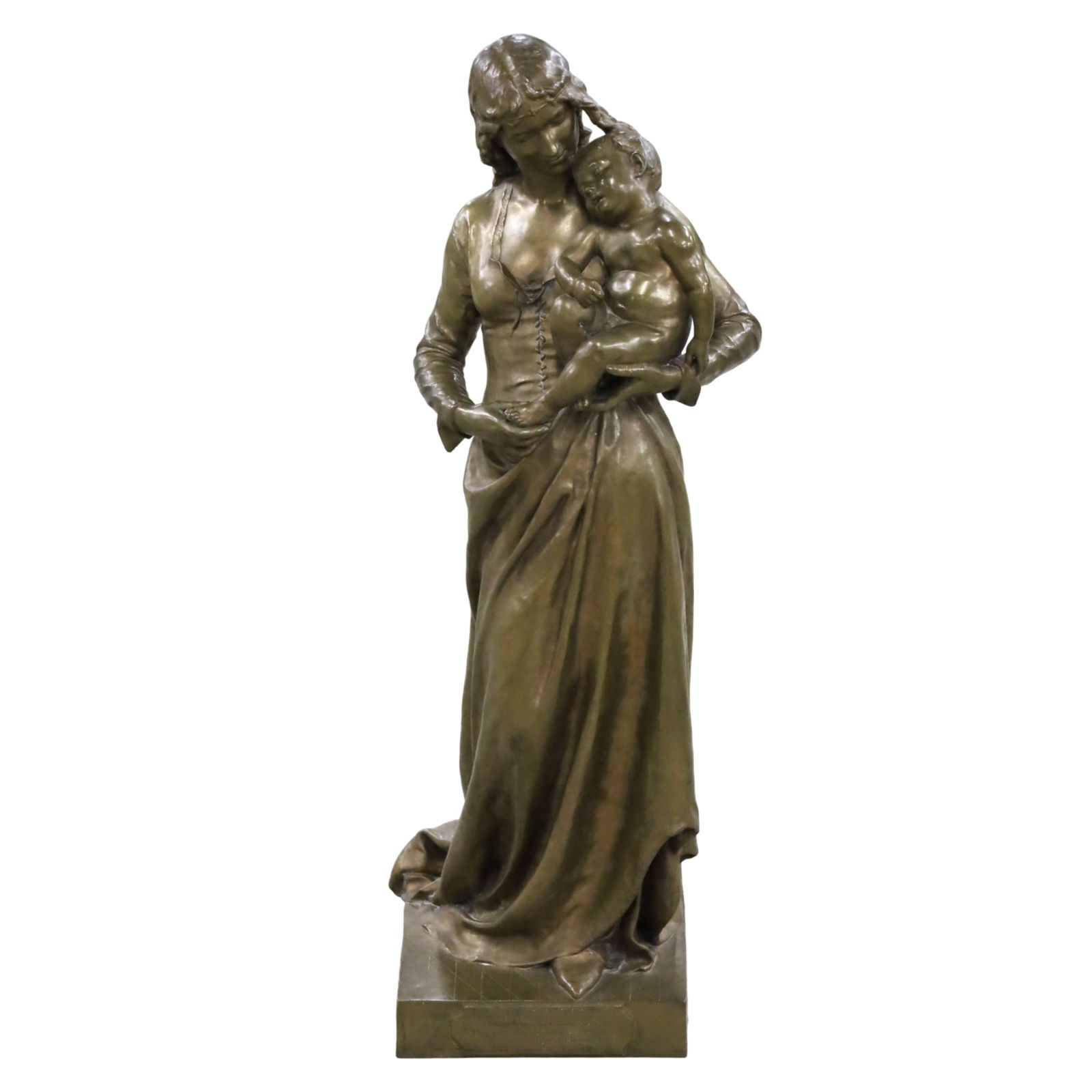 JEAN GAUTHERIN (FRENCH, 1840-1890): Large gilt bronze sculpture depicting the famous French poetess Cotilde de Surville holding an infant, by Jean Gautherin (French, 1840-1890), signed on base dated 1877, signed F. Barbedienne foundry,