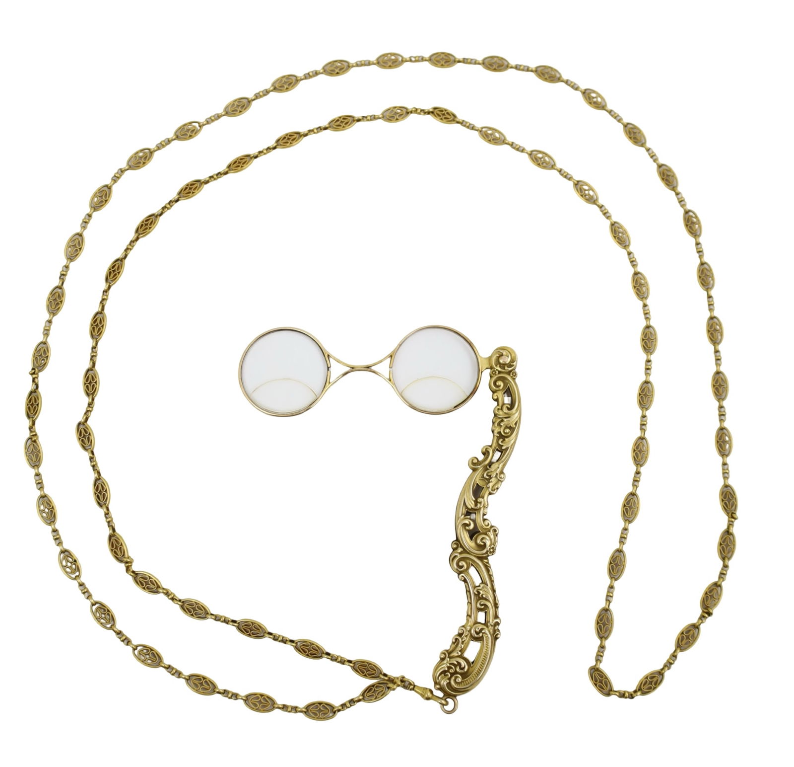 14K GOLD LORGNETTE OPERA GLASSES AND CHAIN (1 of 2)