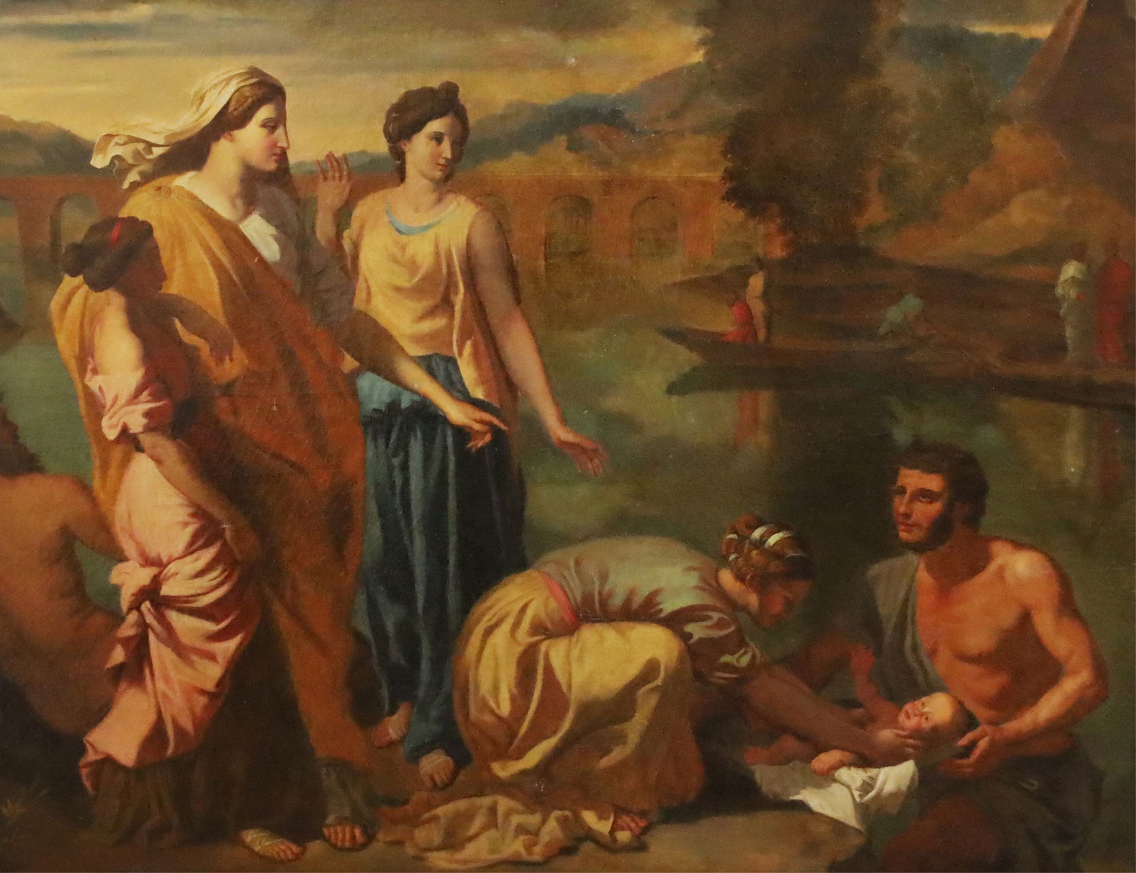 THE FINDING OF MOSES, AFTER NICOLAS POUSSIN: Oil on canvas painting, laid to board, depicting the Old Testament story of the daughter of Pharaoh with her attendants rescuing the infant Moses from the river Nile, after the 17th century work by Ba