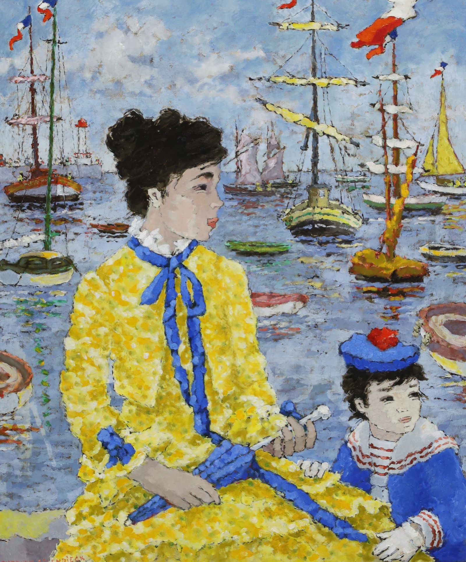 SUZANNE EISENDIECK (GERMAN, 1906-1998): Post impressionist oil on canvas depicting a mother and child seated at Hougate harbor in Normandy France, by Suzanne Eisendieck (German, 1906-1998) signed lower left, titled on verso Le Port De Houga