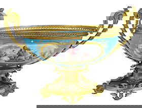 GILT BRONZE MTD SEVRES PORCELAIN CENTERPIECE: Grand gilt bronze mounted Sevres porcelain centerpiece, robin egg blue body having gilt and enamel beaded reserves with hand painted courting and floral scenes, the bronze mount with reticulated open