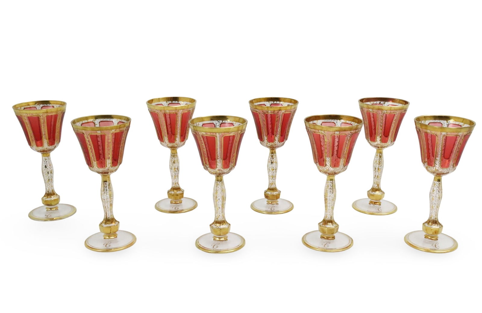 8 CABACHON MOSER WINE GOBLETS: Set of eight cabachon Moser cranberry glass wine goblets; 7.5"H 3" base