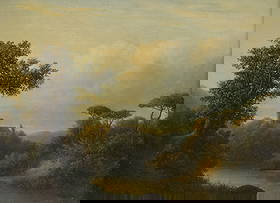 ASHER BROWN DURAND (AMERICAN, 1796-1886): Oil on canvas landscape painting by Hudson River School artist Asher Brown Durand (American, 1796-1886) signed lower left, mounted in heavy giltwood frame; canvas 13.5"H 17.5"W overall 23"H 26.5"W