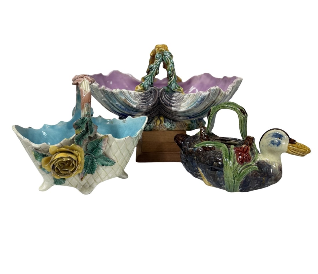 GROUP OF 3 MAJOLICA FIGURAL CERAMIC BASKETS (1 of 8)