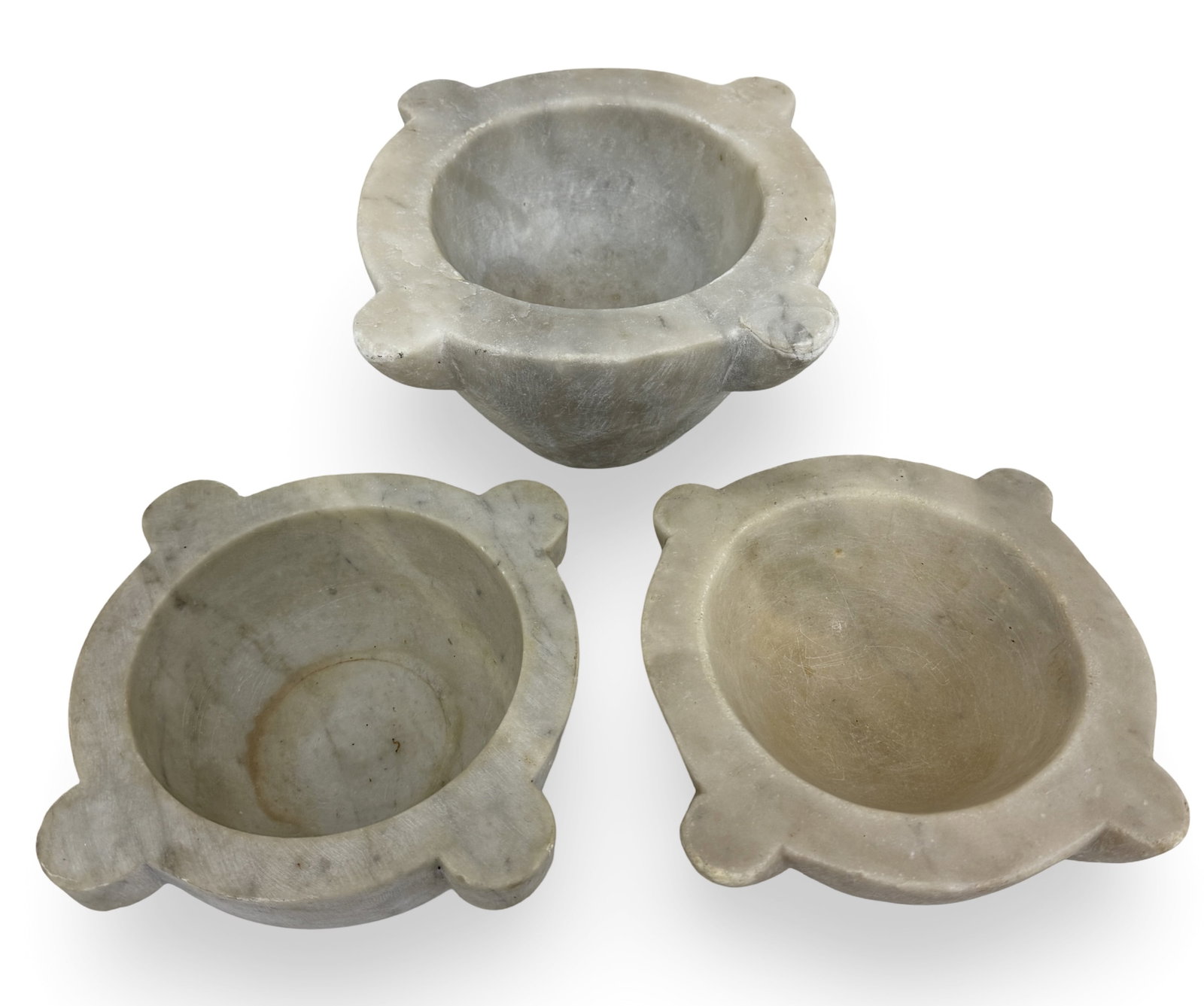 GROUP OF THREE FRENCH MARBLE MORTARS: Group of 3 French marble mortars. largest 6"h x 9.5"w and two smaller 4"h x 7.5"w