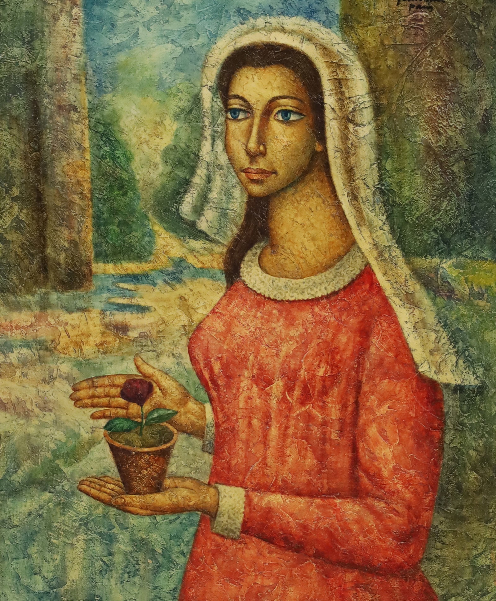 JOSE VIDAL GUMBAU (SPANISH, 1907-1989): Modernist oil on canvas portrait of a woman holding a potted poppy flower by Jose Vidal Gumbau (Spanish, 1907-1908) signed upper right, mounted in frame; overall 33.5"H 29.5"W canvas 24"H 20"W