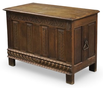 FRENCH CARVED OAK LIFT TOP CHEST, 19TH C.