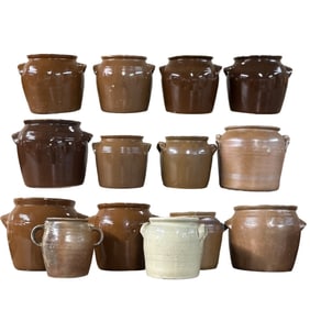 TEN ANTIQUE FRENCH STONEWARE CONFIT POTS