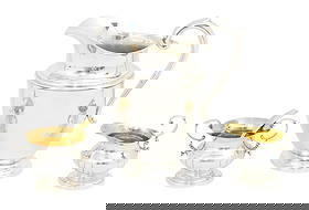 3PC LOT OF STERLING SILVER, PREISNER, POOLE: Three piece lot of sterling silver, including a water pitcher by Preisner along with a cream and sugar with gold wash bowl interiors, Georgian pattern by Poole, 26 troy ounces weighable; pitcher 9"H