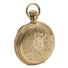 LADYS GOLD HUNTER CASE POCKET WATCH, HAMPDEN