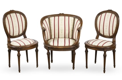 LOUIS XVI STYLE BERGERE AND SIDE CHAIRS