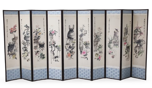 CHINESE WATERCOLOR 10 PANEL SCREEN