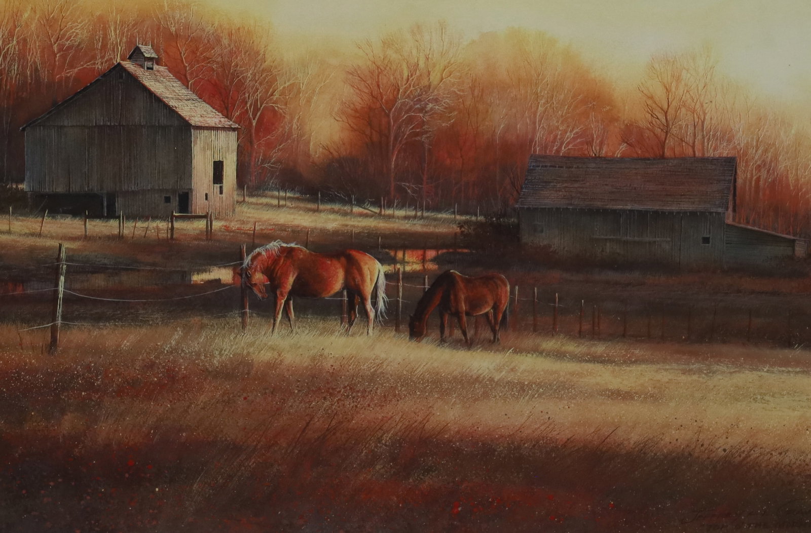 JEFFREY H. CRAVEN (AMERICAN, B. 1950): Western watercolor and gouache painting of horses grazing at sunrise by Jeffrey H. Craven (Idaho, born 1950), signed and titled "Top O' The Mornin" lower right, matted in frame, Vail Village Arts labe