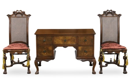 3PC QUEEN ANNE STYLE WRITING DESK AND SIDE CHAIRS