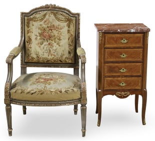 LOUIS XVI STYLE N/P ARMCHAIR AND M/T COMMODE