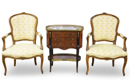 LOUIS XV STYLE ARMCHAIRS AND SIDE TABLE