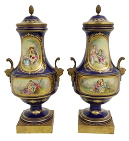 PR FRENCH BRZ MTD COBALT PORCELAIN URNS