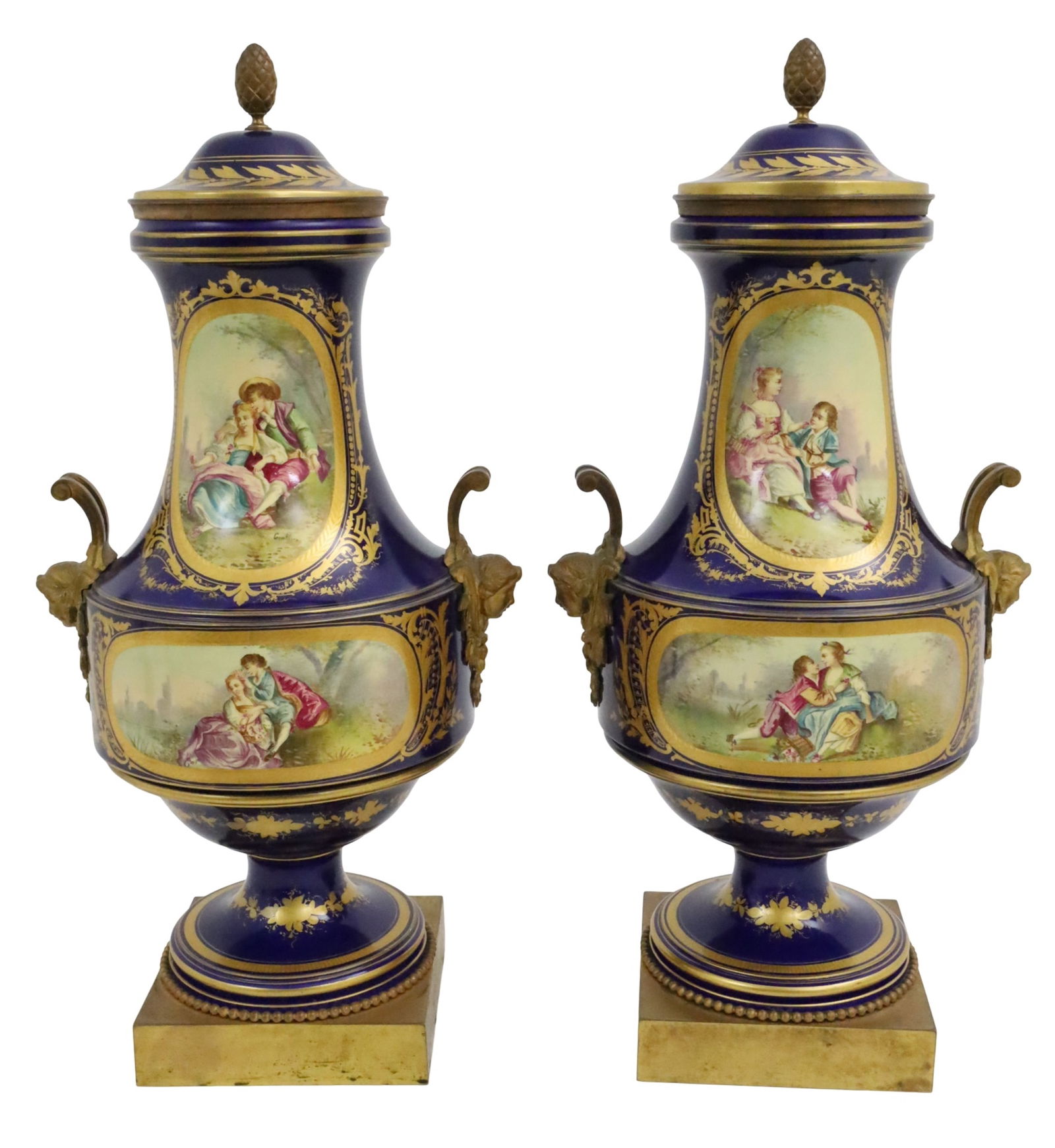 PR FRENCH BRZ MTD COBALT PORCELAIN URNS (1 of 5)
